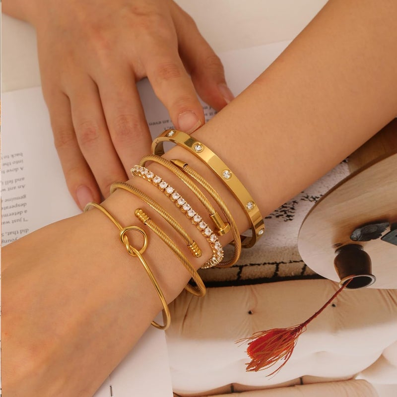 FAFUGA 18 K Gold Plated Love Bangle Bracelet Stack Cuff Jewelry for Women Jewelry Set for Women Gift with Box - Image 3